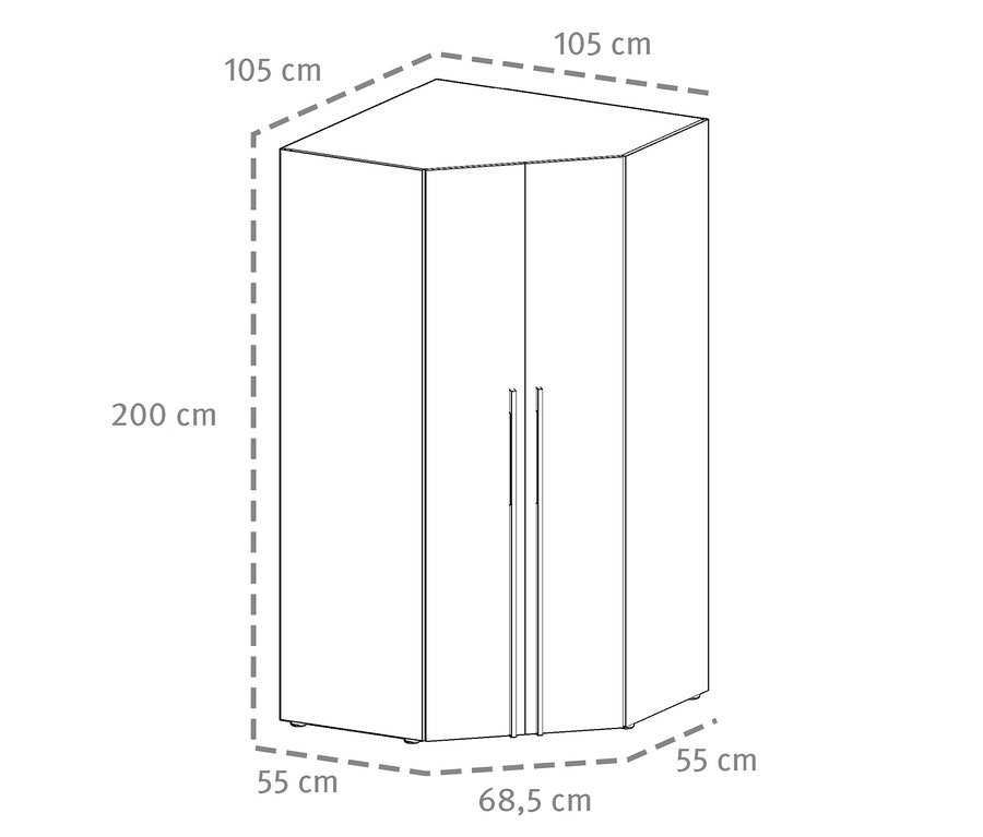 Illustration eines Roba Eckschranks »Marvin« mit Maßangaben.