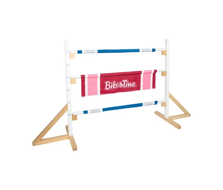 small foot Hindernis »Bibi & Tina«: Ein weißes Spielzeug-Pferdehindernis mit blauen Stangen und einem rot-pinken "Bibi & Tina"-Banner.