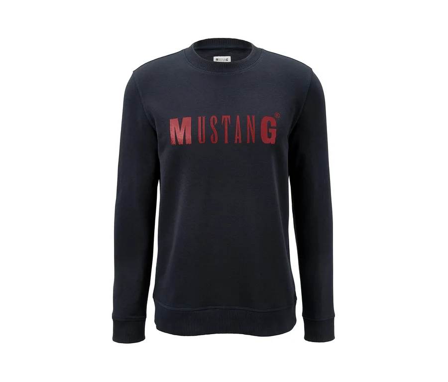 Dunkelblaues Mustang Sweatshirt mit rotem Schriftzug.