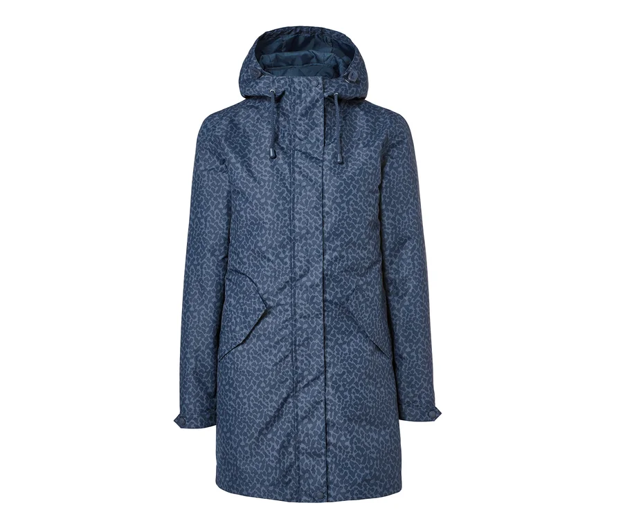 Eine blaue 3-in-1-Regenjacke mit Kapuze und Tiermuster.