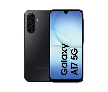 Schwarzes Samsung Galaxy A17 5G 128 GB, Vorder- und Rückseite sind sichtbar.