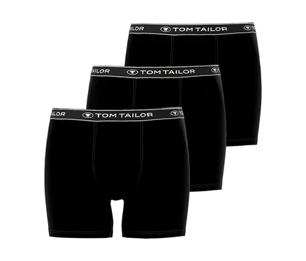 Drei schwarze Tom Tailor Boxershorts mit elastischem Bund, gestapelt übereinander.