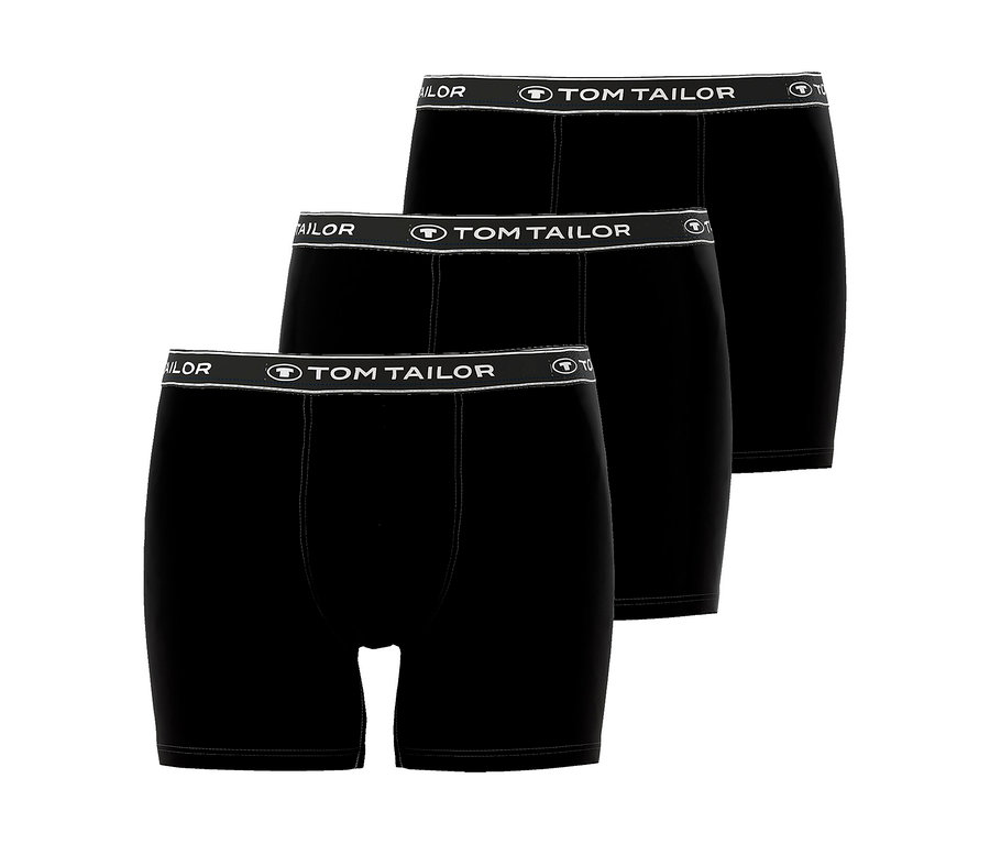 Drei schwarze Tom Tailor Boxershorts mit elastischem Bund, gestapelt übereinander.