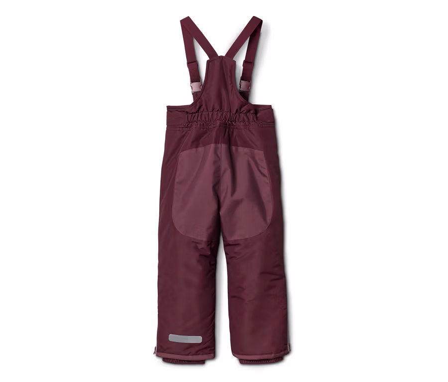 Dunkelrote Kinder-Latzhose mit verstellbaren Trägern, von hinten gesehen.
