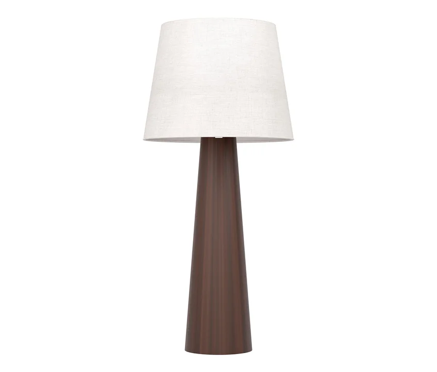 Eine Lampe mit einem dunkelbraunen, konischen Sockel und einem hellen, konischen Stoffschirm.