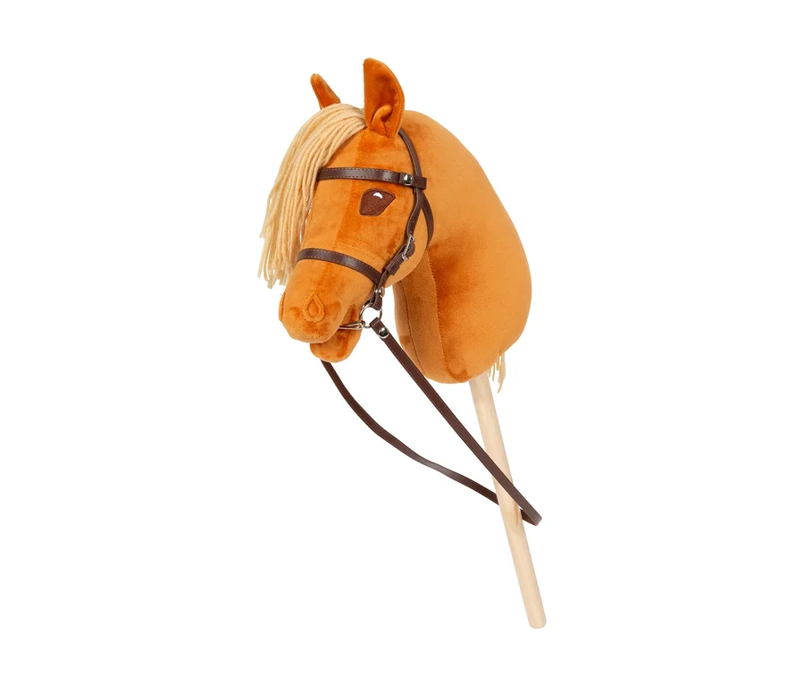 Braunes Plüsch-Steckenpferd small foot »Bibi & Tina« Hobby Horse, Amadeus mit blonder Mähne und Zaumzeug auf Holzstab.