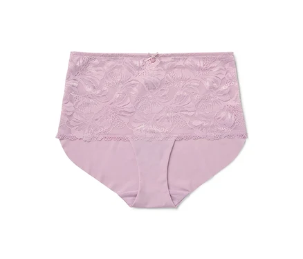 Lila Unterhose mit Blumenspitze und Schleife in der Mitte.