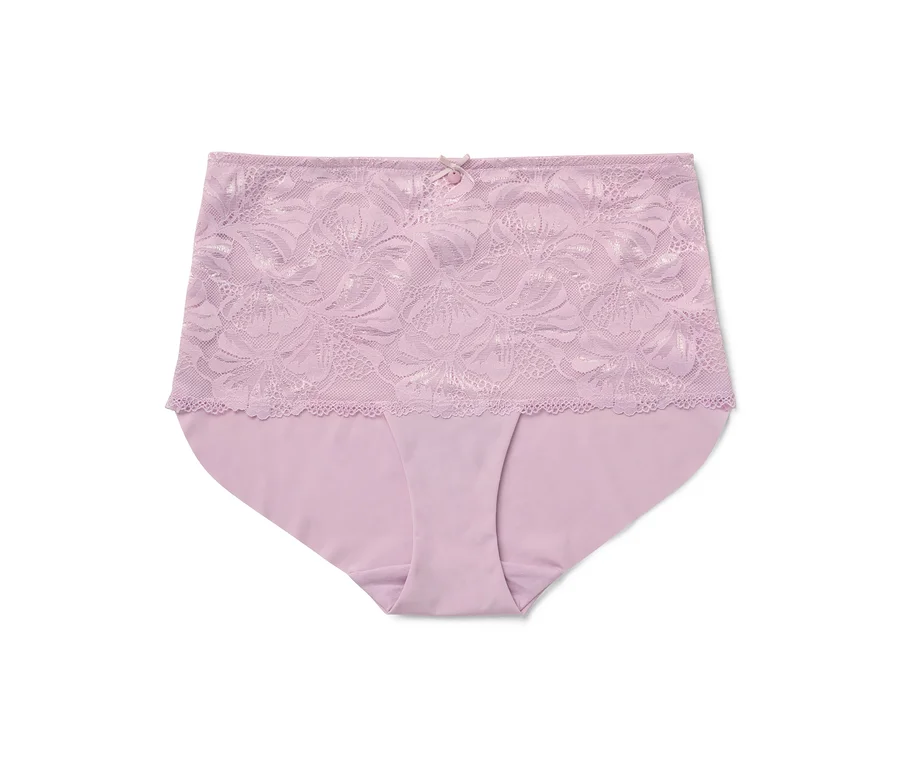Lila Unterhose mit Blumenspitze und Schleife in der Mitte.