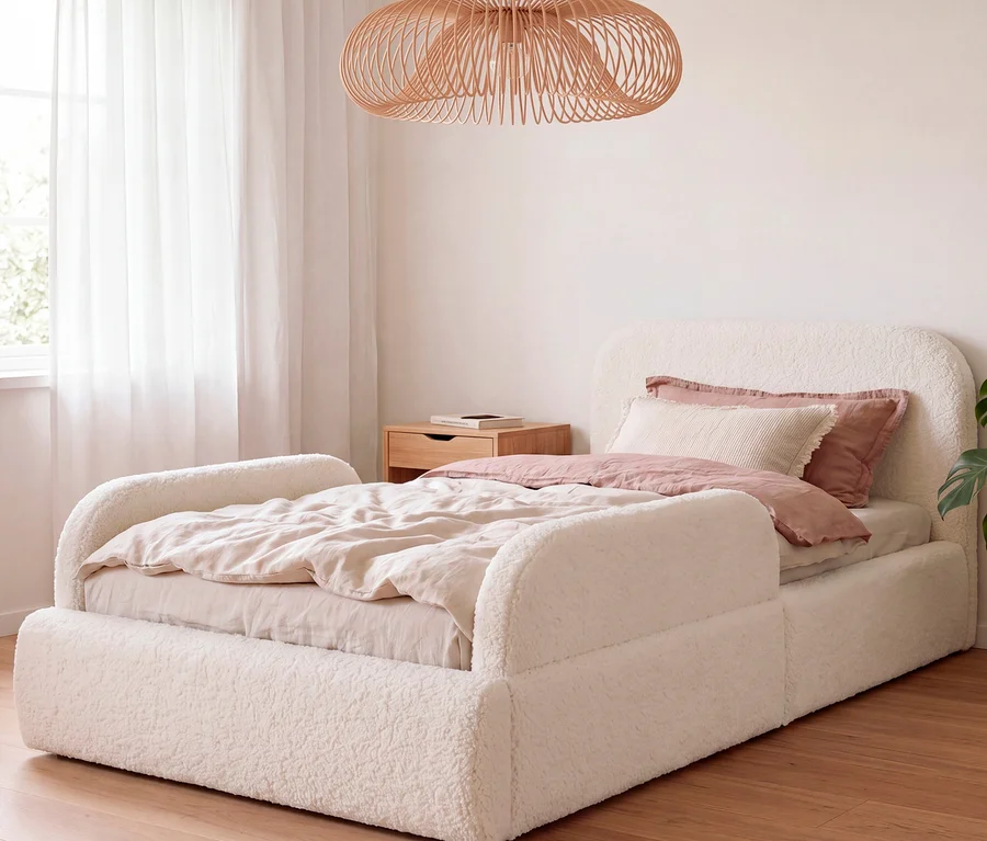 Weißes, niedriges Bett mit flauschigem Bezug, rosa und beiger Bettwäsche, einem Nachttisch und einer ovalen Holzlampe in einem hellen Raum.