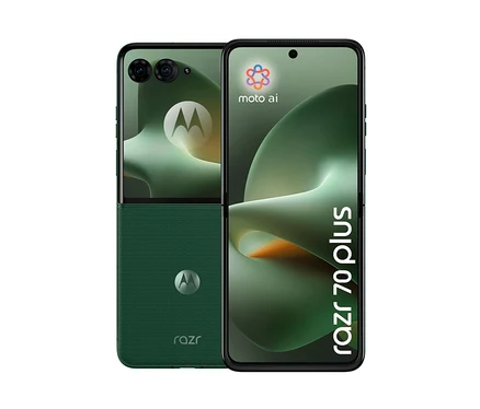 Ungefaltetes grünes Motorola razr 70plus Smartphone, das den Hauptbildschirm mit „moto ai“ und „razr 70 plus“ sowie die texturierte Rückseite mit Kameras und Logo zeigt.