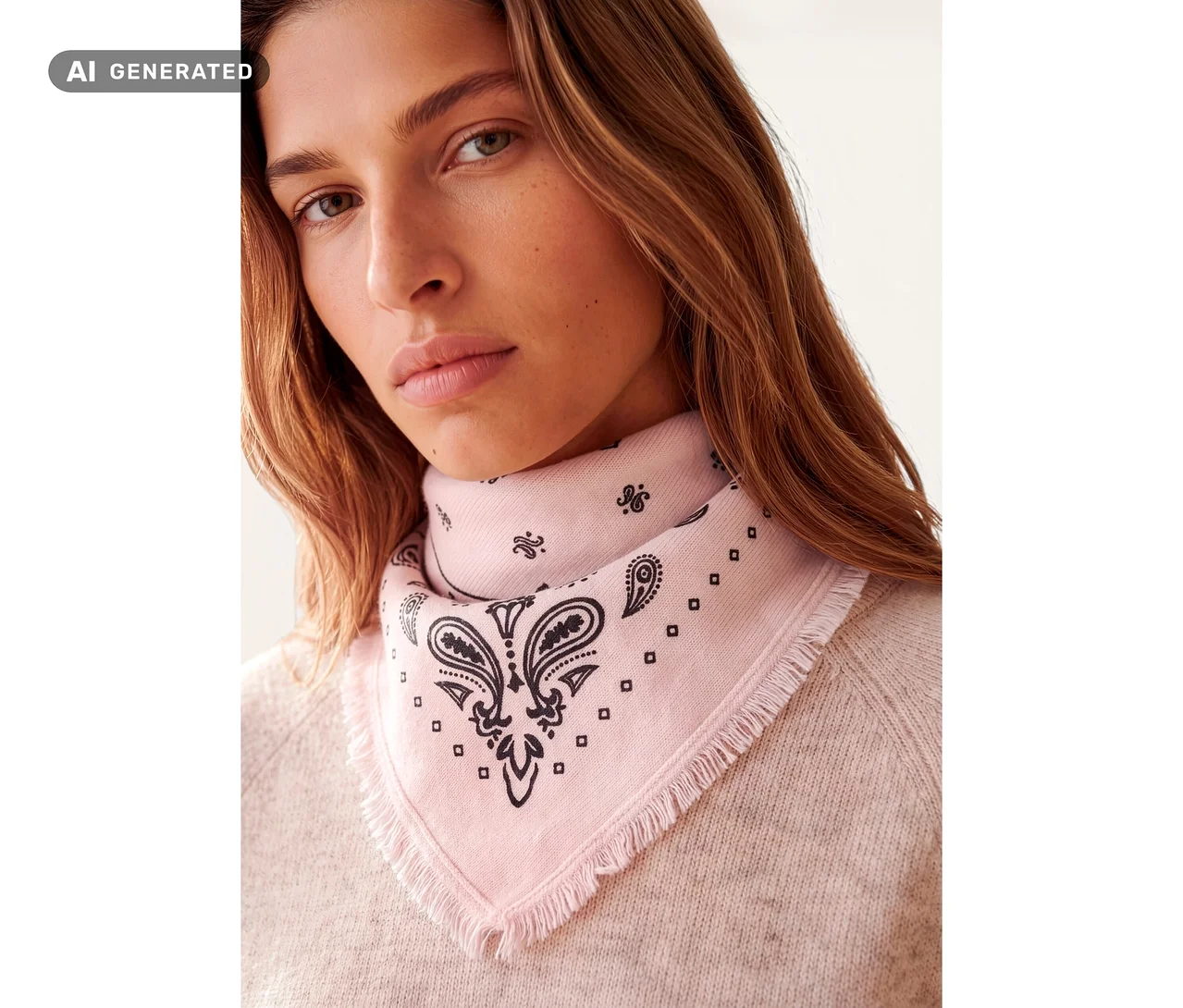 Eine Frau trägt ein rosafarbenes Strick-Bandana aus Wolle und Kaschmir mit schwarzem Paisleymuster und Fransen über einem hellrosa Pullover.