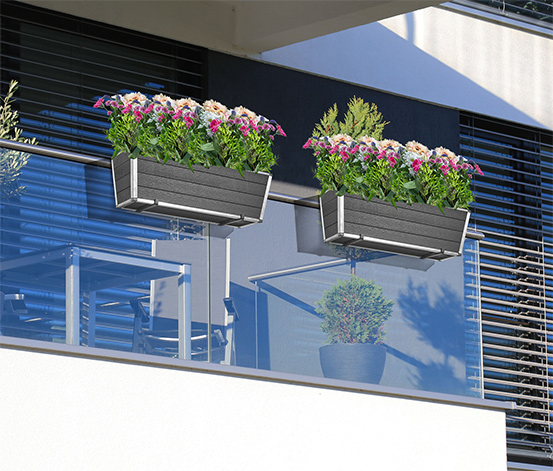 Balkonkasten aus WPC, mit Kunststoffeinsatz und Aufhängung, anthrazit