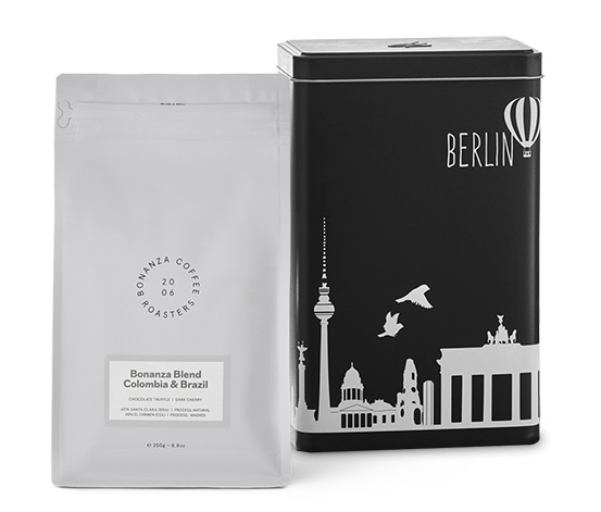 Berliner Gestöber - mit Kaffeedose und 250g Bonanza Coffee Roasters Blend Omni-Roast Ganze Bohne