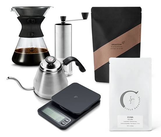 "Mach' doch selbst" Starter Zubereitungsset - 2 x 250 g Filterkaffee mit Schwanenhalskessel, Handmühle, Kaffeewaage und Pour Over
