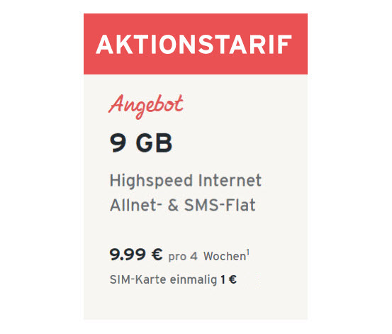 Aktionstarif mit 9 GB für 9,99 € pro 4 Wochen