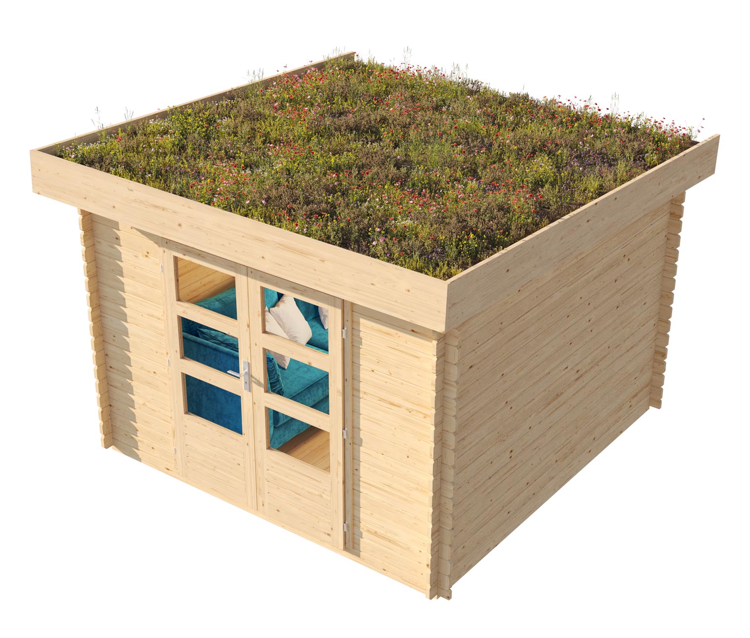 Thumbnail - Karibu Gartenhaus mit bepflanzbarem Dach - 297x237x225cm - naturfarben - Fichtenholz / Glas