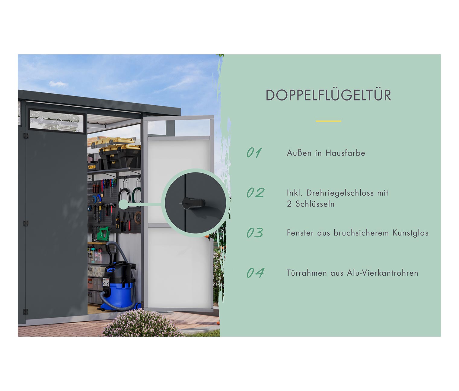 Thumbnail - Karibu Metall-Gerätehaus - 232x229,5x218cm - anthrazit - Blech / Holz
