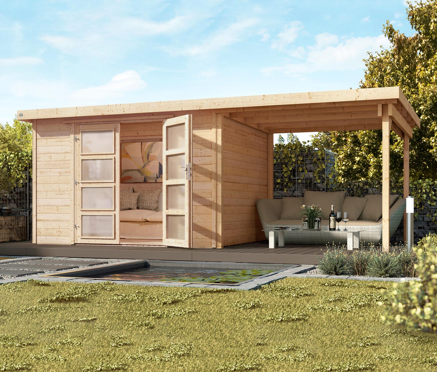 Weka MassivholzGartenhaus mit Flachdach und Anbau 428 x 194 cm online