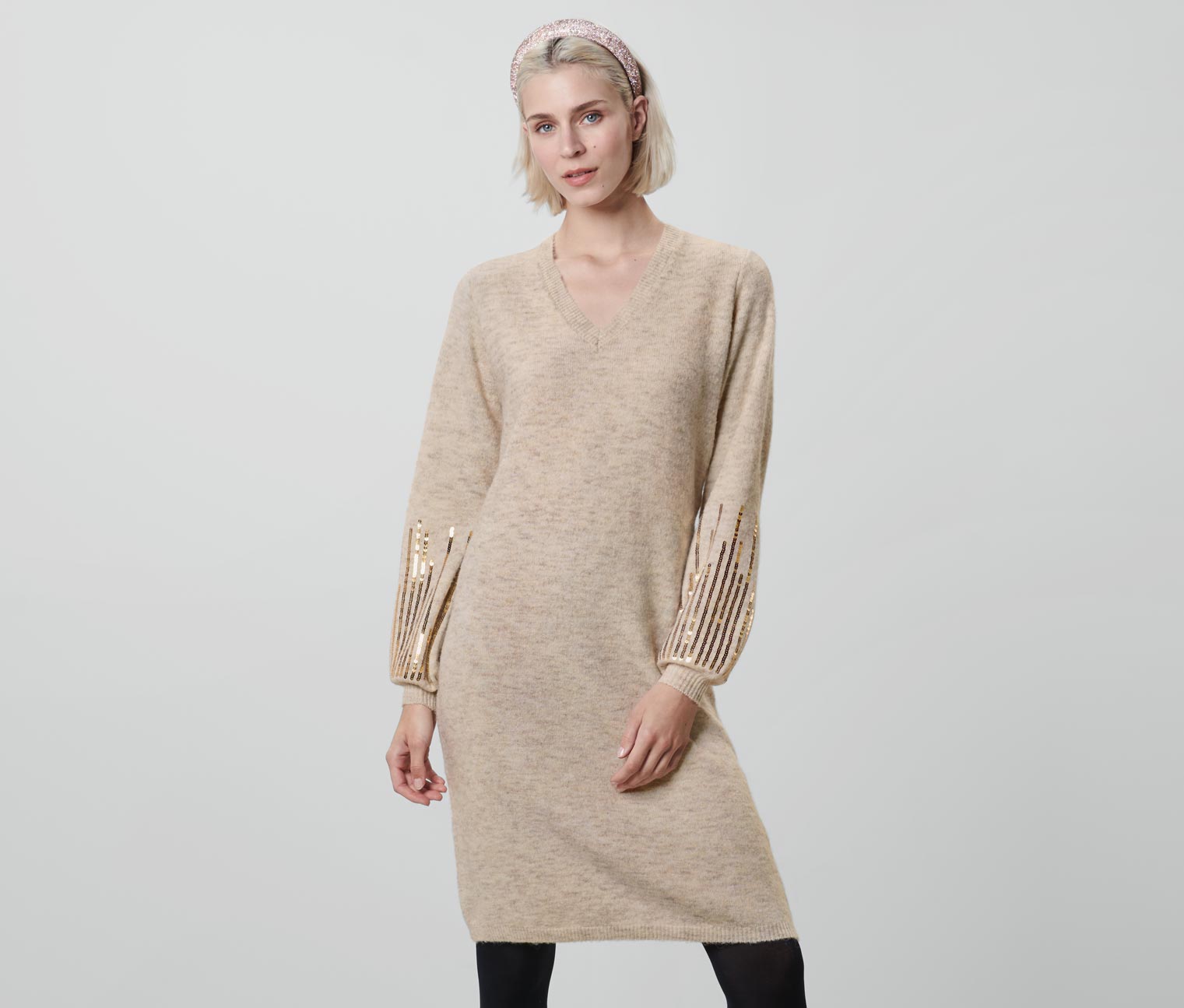 Thumbnail - Tchibo - Strickkleid mit Pailletten - Damen - Gr. S - beige