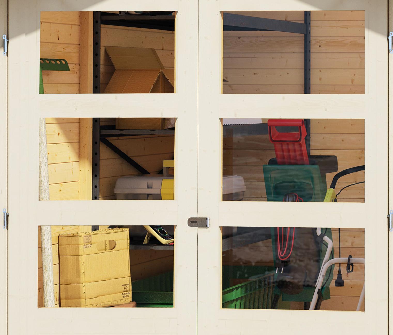 Thumbnail - Karibu Gerätehaus mit Doppelflügeltür - 246x246x209cm - grau - Holz / Fichtenholz / Glas