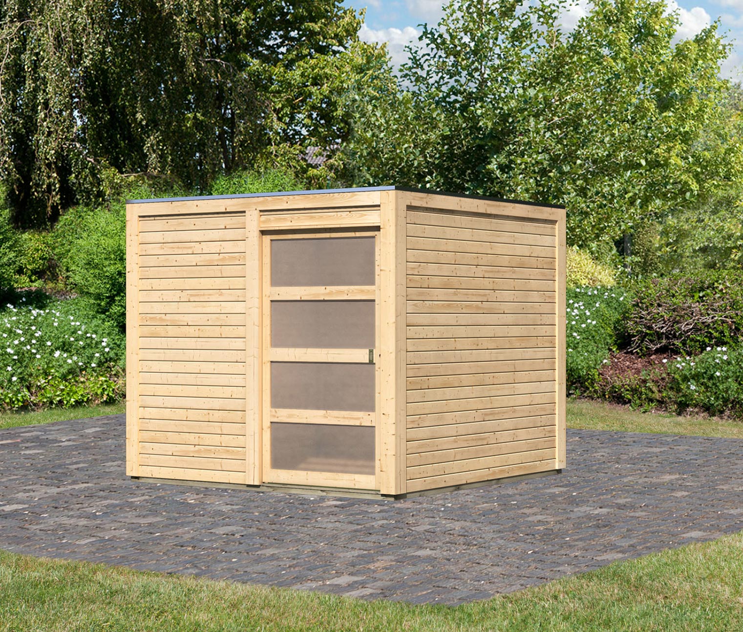 Thumbnail - Karibu Gerätehaus mit Schiebetür - 246x246x214cm - braun - Holz / Fichtenholz
