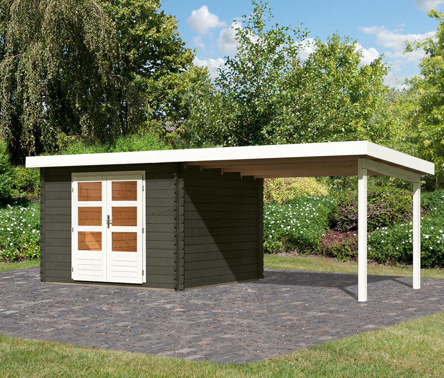 Karibu Gartenhaus mit 3 m Anbaudach »Baltasar 5«, terragrau, 28 mm