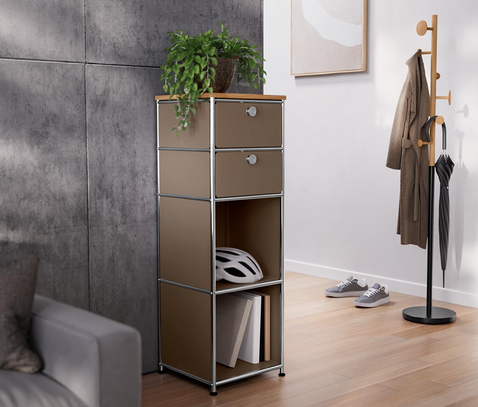 Tchibo - Schmale Kommode Metall »Cn3« mit Holzplatte und 2 Schubladen - taupe