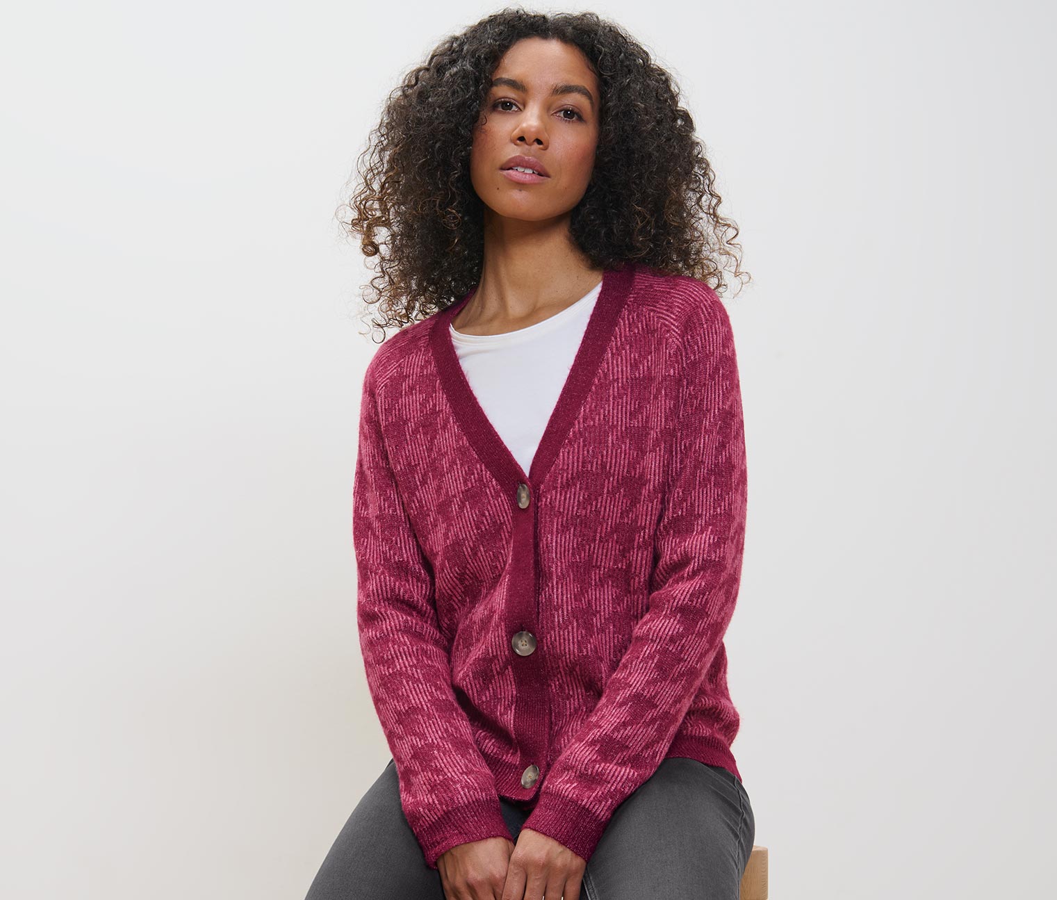 Tchibo - Grobstrick-Cardigan mit Hahnentritt-Jacquard - Damen - Gr. L - rot/jacquard