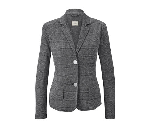 Sweatblazer Zeitloser Look im Glencheck-DessinDieser Sweatblazer in angenehm weicher Viskose-Mischqualität schafft den Spagat zwischen lockerer Büromode und schickem Freizeit-Look. Er ist leicht tailliert geschnitten und formt dank seiner Wiener Nähte eine schlanke Silhouette. Der Blazer mit leicht abgerundetem Saum ist am Ärmel mit einer dekorativen Kopfleiste verziert, hat vorne zwei aufgesetzte Taschen und ist ab Größe 44 mit einem weiteren Knopf versehen. Elasthan verleiht der schicken Jacke Formbeständigkeit, perfekten Sitz und hohen Tragekomfort. Farbe: Schwarz-grau kariert Material: 62% Polyester, 22% Baumwolle, 13% Viskose, 3% Elasthan Maße: Gesamtlänge ca. 63 cm  Angenehm weiche Viskose-Mischqualität Leicht taillierter Schnitt mit Wiener Nähten für eine schlanke SilhouetteÄrmel mit dekorativer Knopfleiste2 aufgesetzte Taschen im VorderteilLeicht abgerundeter SaumMit Elasthan: formbeständig, perfekter Sitz, hoher TragekomfortIn Glencheck-DessinAb Größe 44 mit zusätzlichem Knopf versehen - 0