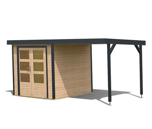 Karibu Gerätehaus mit Anbaudach - 438x213x208,5cm - anthrazit - Fichtenholz / Stahl