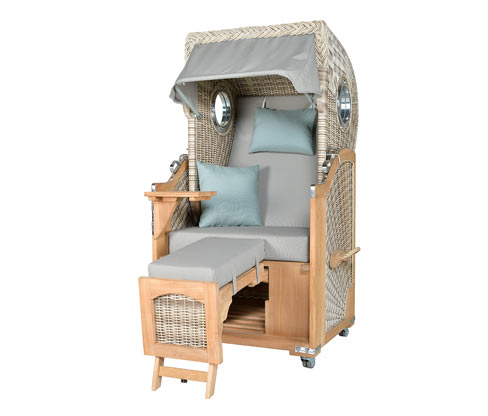 deVries Teak-Strandkorb - 91x129x157cm - hellbraun - Holz / Polyethylen / Schaumstoff