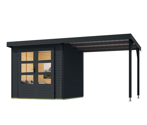 Karibu Gerätehaus mit Anbaudach - 438x213x208,5cm - anthrazit - Fichtenholz / Stahl