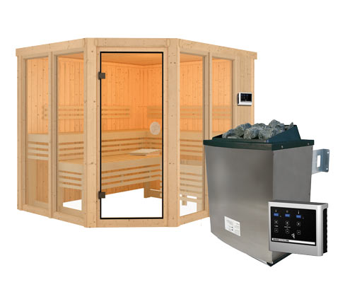 Karibu Sauna »Scarlett 3« im Set mit 9-kW-Ofen und finnischer Steuerung - naturfarben