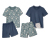 1x Oberteil rauchblau mit Alloverprint, Hose mittelblau, 1x Oberteil mittelblau mit Print, Hose rauchblau mit Alloverprint