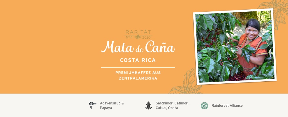 Emblem der neuen Rarität Mata de Caña Costa Rica mit einem Ursprungsbild einer Kaffeefarmerin vor Ort