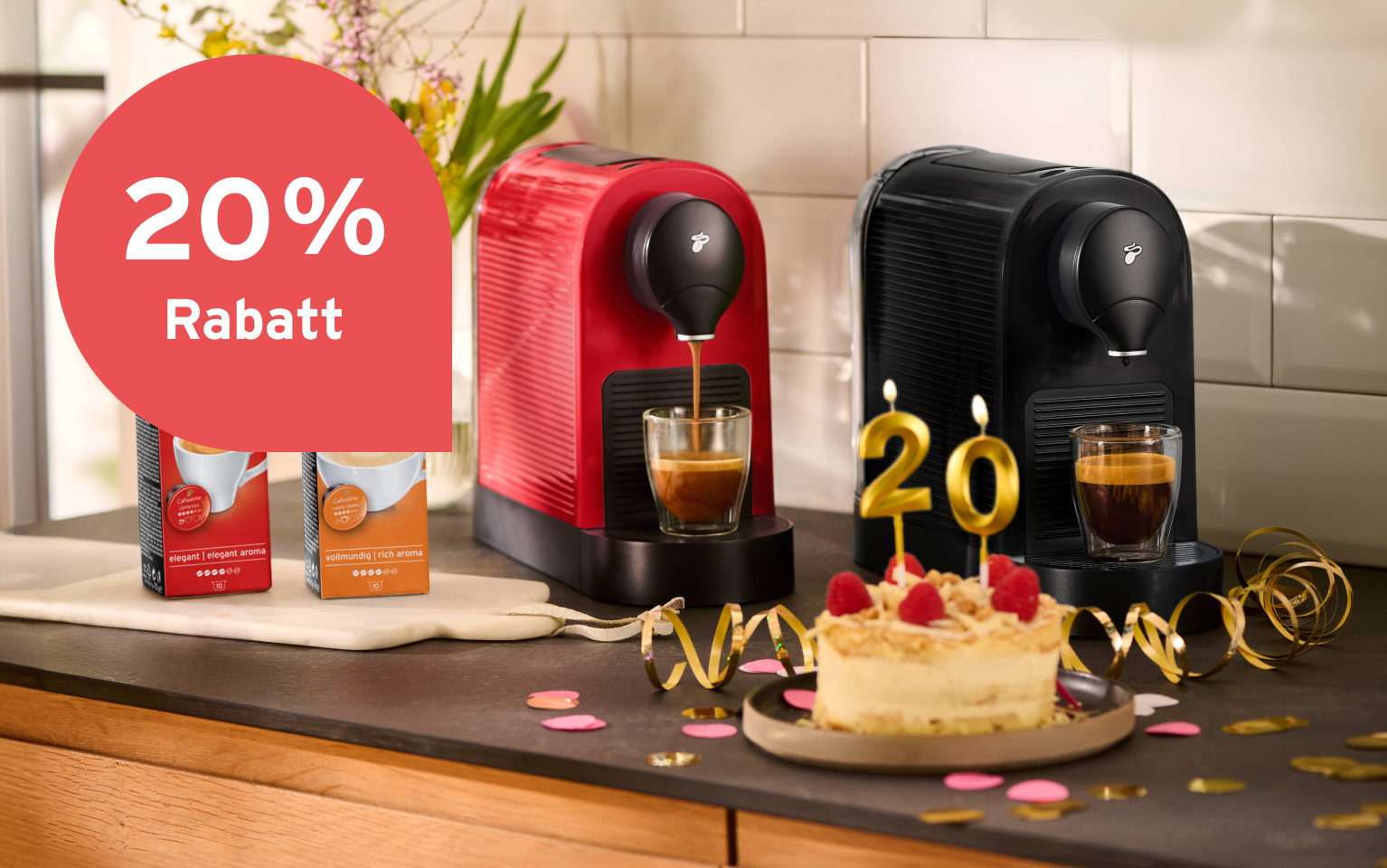 Cafissimo Geburtstagswerbung mit Maschinen und Kapsel und einem 20% Rabatt Störer