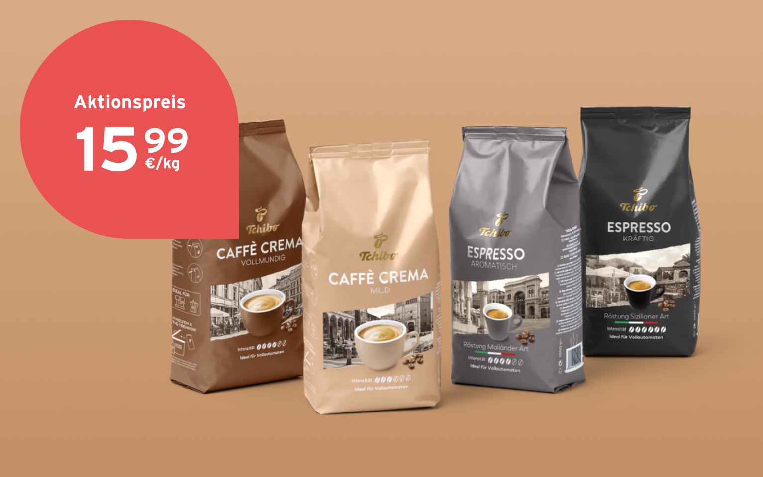 Abbildung der vier Tchibo Core Range Produkte von Cafe Crema bis Espresso vor braunem Hintergrund