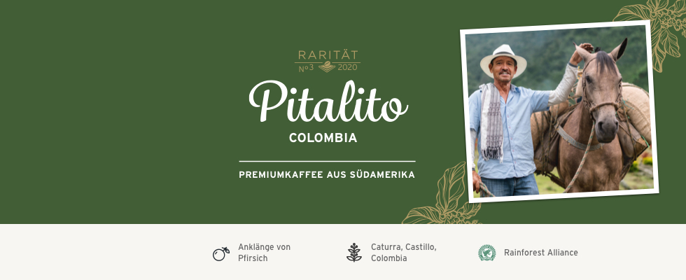 Emblem der neuen Rarität Pitlalito Colombia mit einem Ursprungsbild eines Kaffeefarmers vor Ort