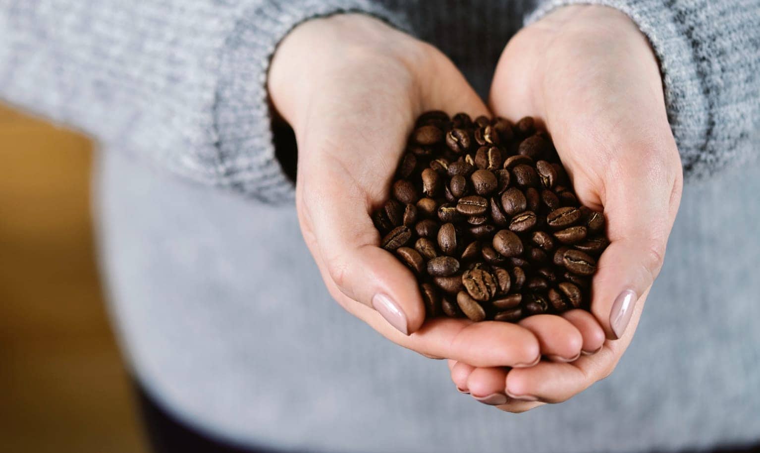 Person hält Kaffeebohnen in der Hand.
