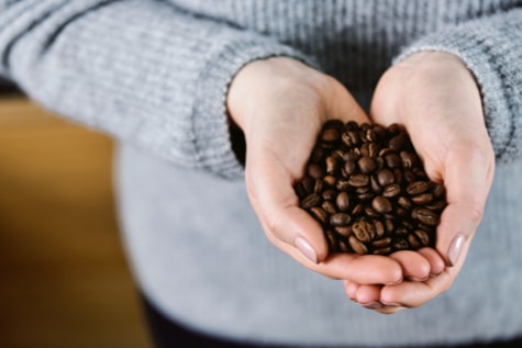 Jemand hält beide Hände voller Kaffeebohnen in die Kamera