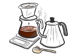 Ilustration eines Wasserkessels mit Schwanenhals und eines Keramikfilters der auf einer Galskanne steht und durch die Kaffeetropft