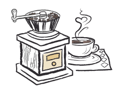Ilustration einer tratidionellen Kaffeemühle und Kaffeetasse aus der Kaffeeduft empor steigt.