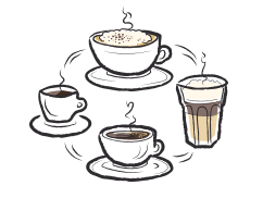 Die einzigartige Genussvielfalt von Tchibo ilustriert durch einen Kreis bestehend aus den Kaffeespezialitäten: Espresso, Caffè Crema, Filterkaffee und Latte Macchiato.
