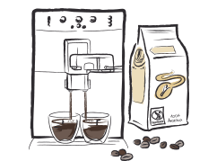 Die einzigartige Genussvielfalt von Tchibo ilustriert durch einen Kreis bestehend aus den Kaffeespezialitäten: Espresso, Caffè Crema, Filterkaffee und Latte Macchiato.