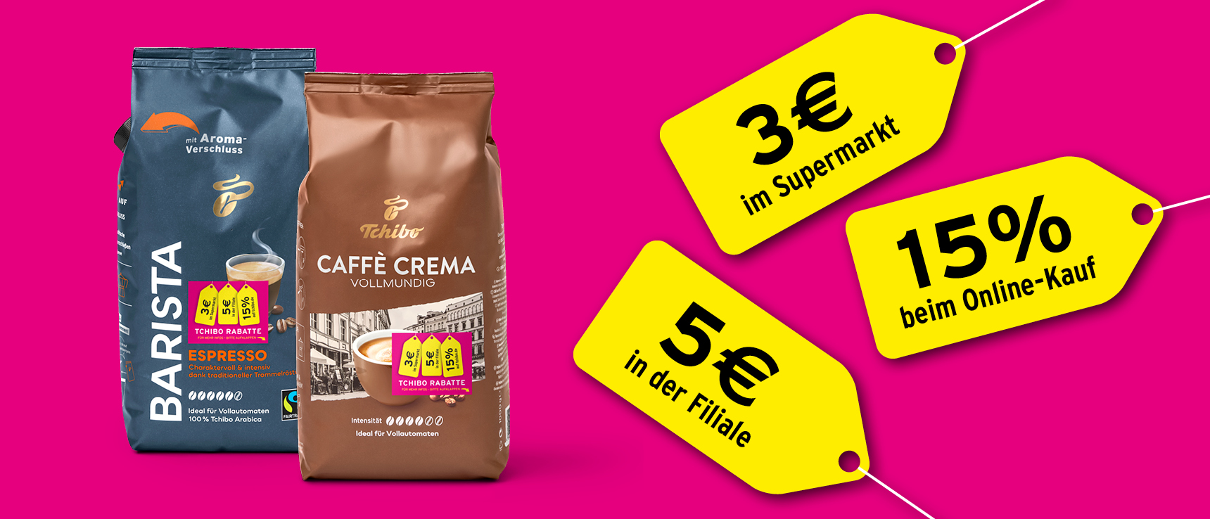 Barista Espresso und Café Crema Packung vor pinken Hintergrund mit Rabattschildern','Enter picture alt'}