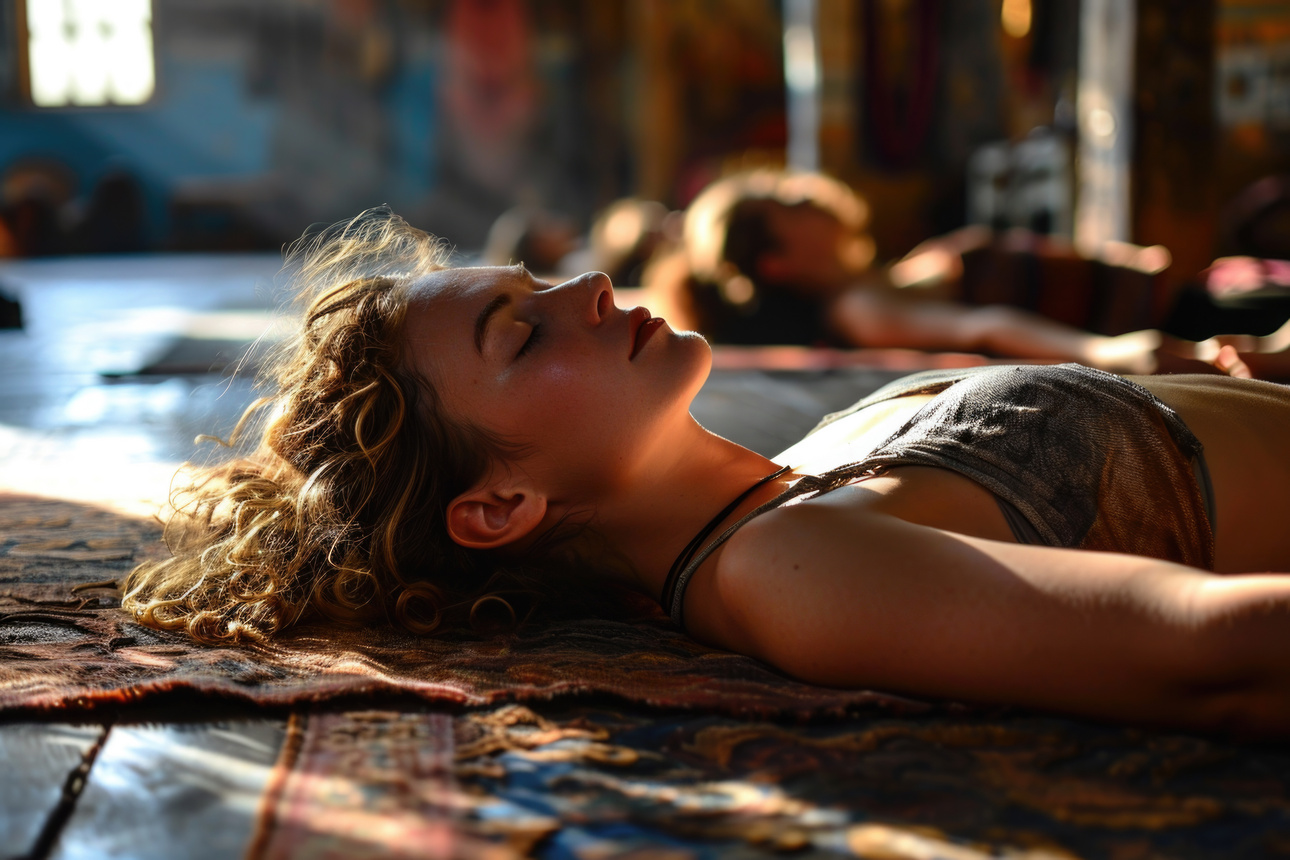 Frau bei einer Entspannungsübung in der Sonne auf einer Yogamatte während einer Yogastunde.