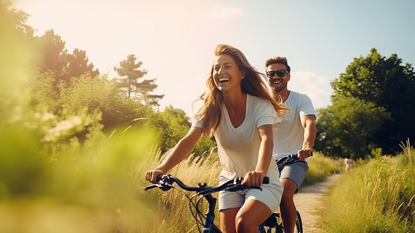 Ein glückliches junges Paar erkundet die Natur mit dem Fahrrad. (AI Generiert)