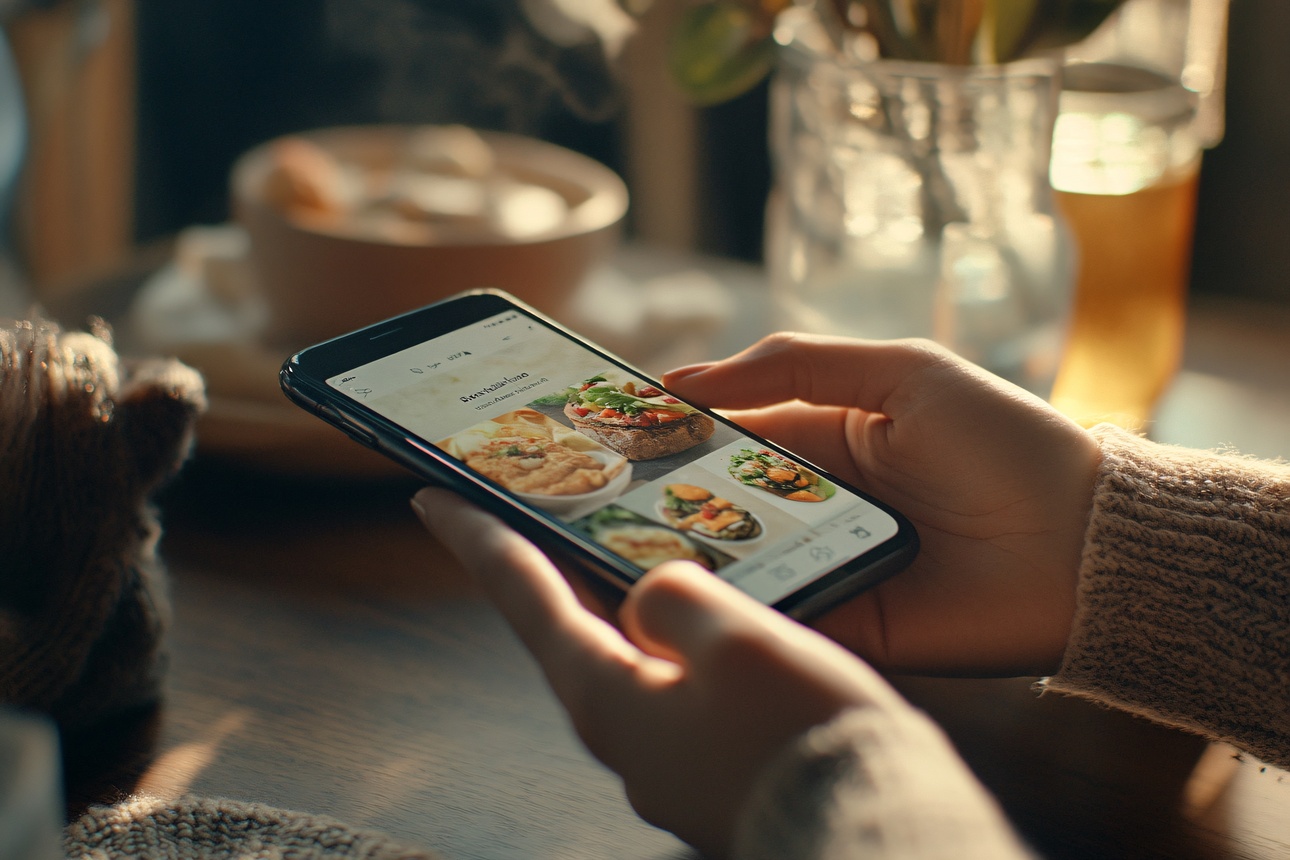 Eine Person mit einem Smartphone in der Hand, die in einer gemütlichen Café-Atmosphäre in einer Restaurant-App stöbert.