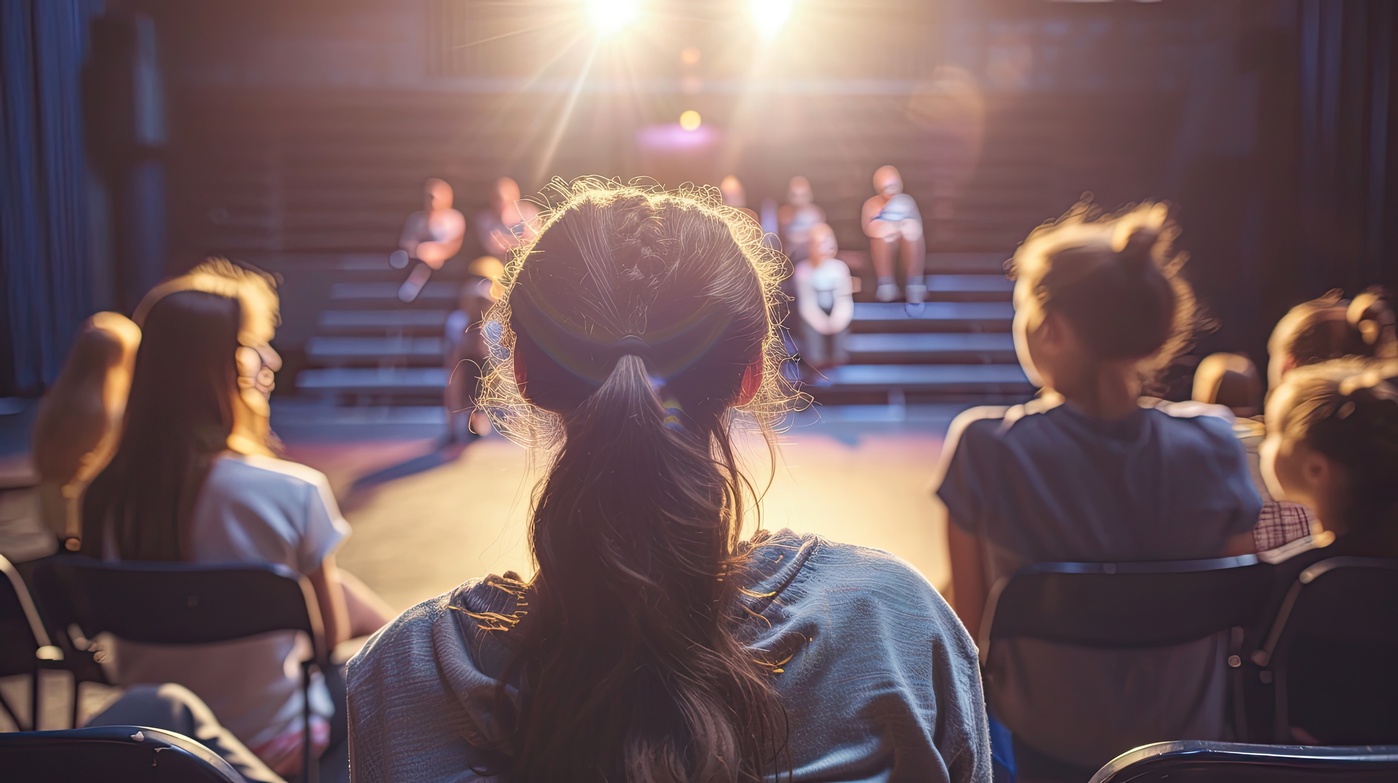 Eine Theaterklasse in der Schule probt ein Stück auf der Bühne