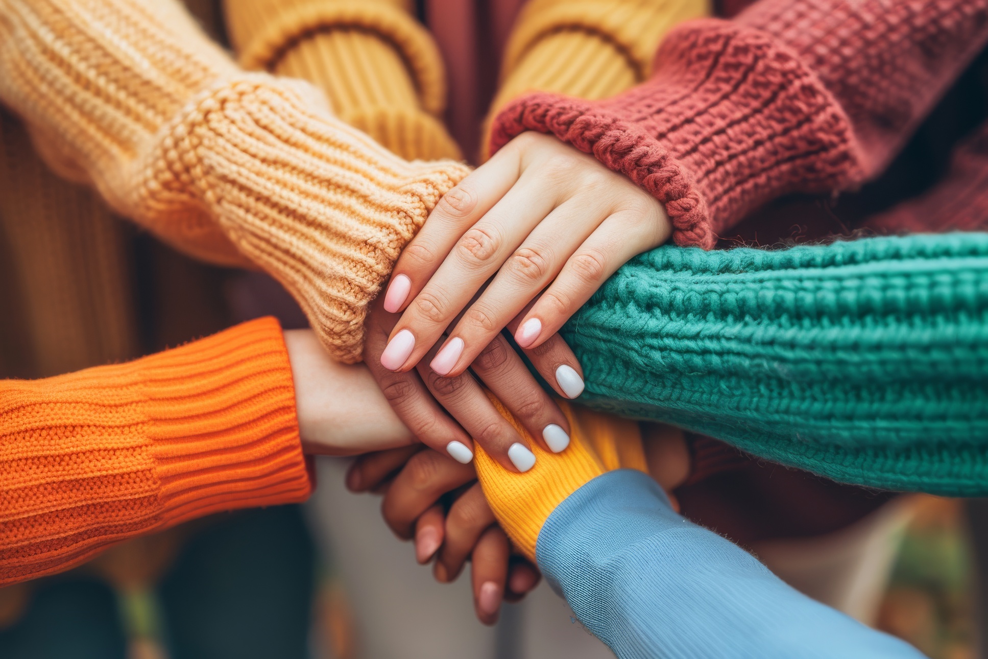 Nahaufnahme verschiedener Hände, die zusammengelegt werden, um Teamarbeit, Einheit und Zusammenarbeit zu symbolisieren.